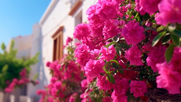 in a Greek village with blooming bougainvillea. Generative AI, nature.