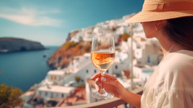 Vacation on a Greek island, a woman in a hat looks at the sunset with a glass of champagne. Generative AI, Travel,