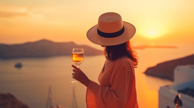 Vacation on a Greek island, a woman in a hat looks at the sunset with a glass of champagne. Generative AI, Travel,