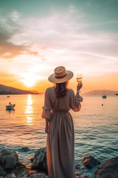Vacation on a Greek island, a woman in a hat looks at the sunset with a glass of champagne. Generative AI, Travel,