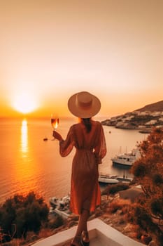 Vacation on a Greek island, a woman in a hat looks at the sunset with a glass of champagne. Generative AI, Travel,