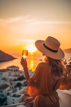 Vacation on a Greek island, a woman in a hat looks at the sunset with a glass of champagne. Generative AI, Travel,