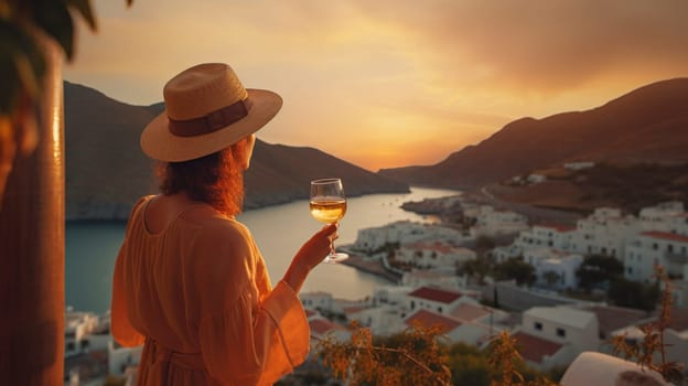 Vacation on a Greek island, a woman in a hat looks at the sunset with a glass of champagne. Generative AI, Travel,