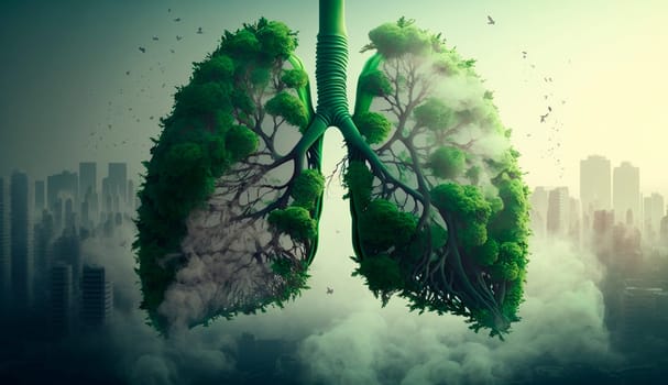 Green lung with city air pollution. Generative AI, Nature.