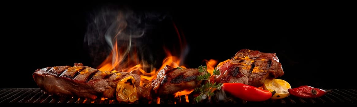 grilled meat on fire with vegetables is fried. Generative Ai,