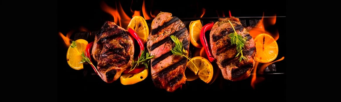 grilled meat on fire with vegetables is fried. Generative Ai,