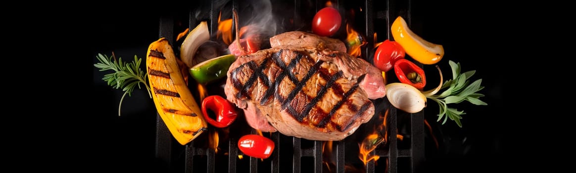 grilled meat on fire with vegetables is fried. Generative Ai,