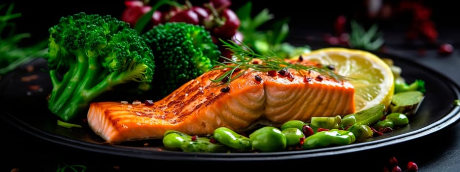 Grilled salmon with vegetables, keto diet dish. Generative Ai, food,