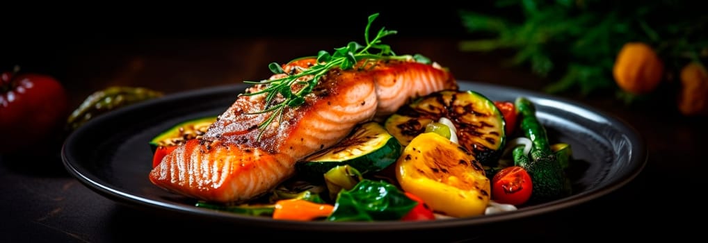 Grilled salmon with vegetables, keto diet dish. Generative Ai, food,