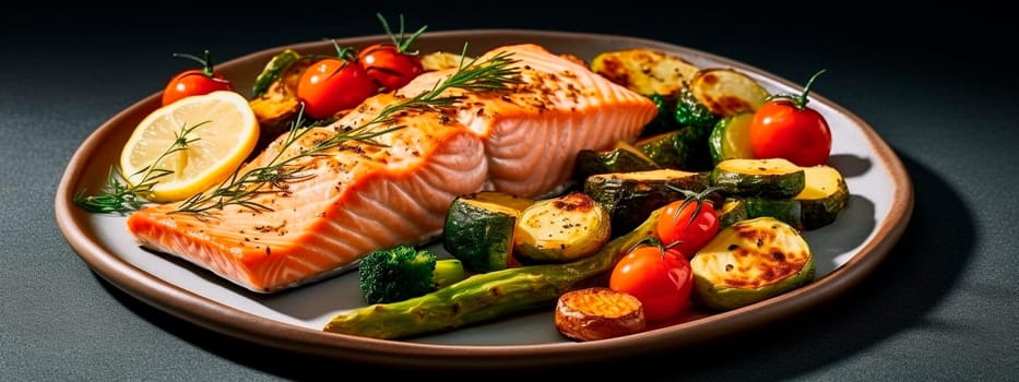 Grilled salmon with vegetables, keto diet dish. Generative Ai, food,