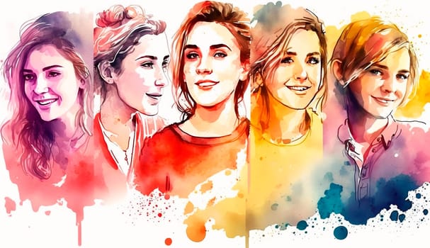 Group of happy women for International Women's Day, watercolor style drawing. Generative Ai, White.
