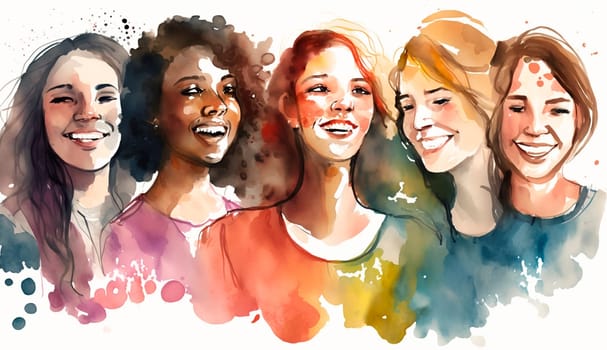 Group of happy women for International Women's Day, watercolor style drawing. Generative Ai, White.