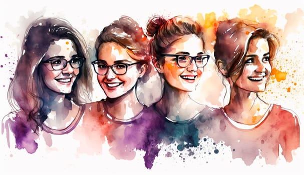 Group of happy women for International Women's Day, watercolor style drawing. Generative Ai, White.