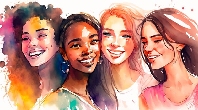 Group of happy women for International Women's Day, watercolor style drawing. Generative Ai, White.