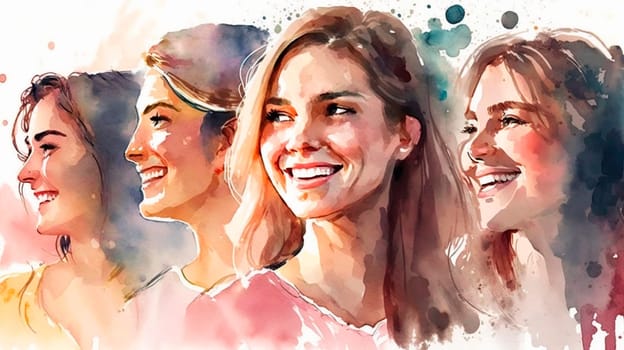 Group of happy women for International Women's Day, watercolor style drawing. Generative Ai, White.