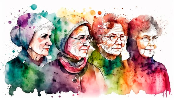 Group of happy women for International Women's Day, watercolor style drawing. Generative Ai, White.