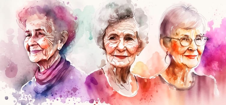 Group of happy women for International Women's Day, watercolor style drawing. Generative Ai, White.