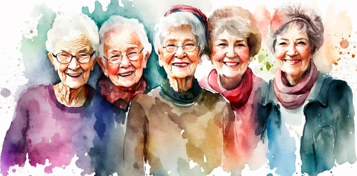 Group of happy women for International Women's Day, watercolor style drawing. Generative Ai, White.