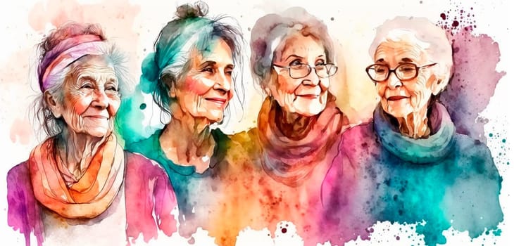 Group of happy women for International Women's Day, watercolor style drawing. Generative Ai, White.