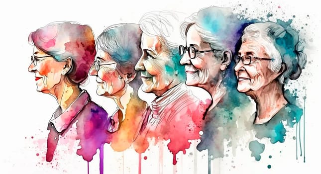 Group of happy women for International Women's Day, watercolor style drawing. Generative Ai, White.