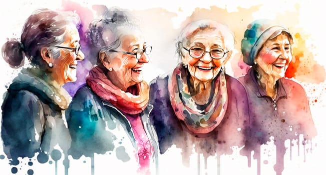 Group of happy women for International Women's Day, watercolor style drawing. Generative Ai, White.