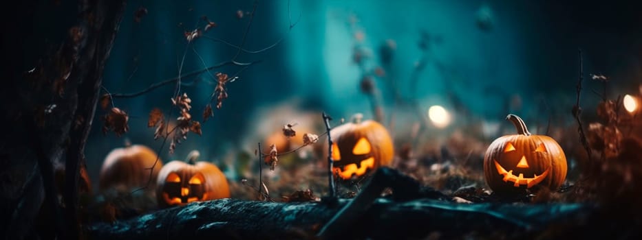 Halloween - pumpkins in a spooky forest. Generative AI,