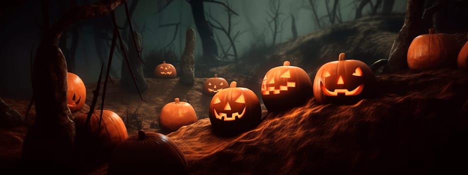 Halloween - pumpkins in a spooky forest. Generative AI,