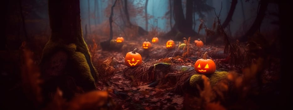 Halloween - pumpkins in a spooky forest. Generative AI,