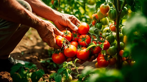Farmer hands harvesting tomatoes. Generative AI, Food.