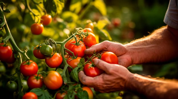 Farmer hands harvesting tomatoes. Generative AI, Food.