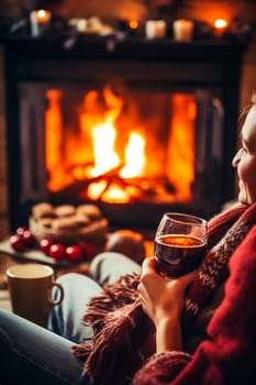 People drink wine together near the fireplace. Generative AI, happy.