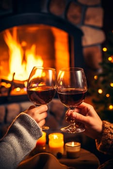 People drink wine together near the fireplace. Generative AI, happy.