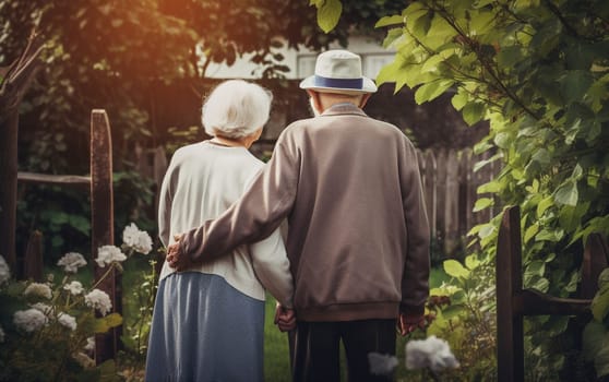 happy elderly couple grandfather and grandmother view from the back holding hands, Generative Ai, People.