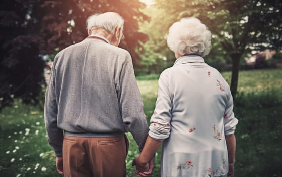 happy elderly couple grandfather and grandmother view from the back holding hands, Generative Ai, People.