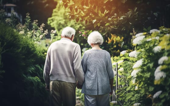 happy elderly couple grandfather and grandmother view from the back holding hands, Generative Ai, People.