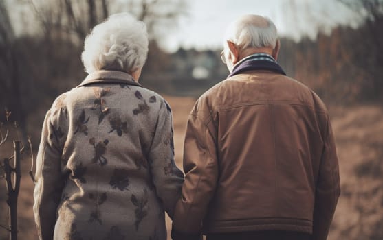 happy elderly couple grandfather and grandmother view from the back holding hands, Generative Ai, People.