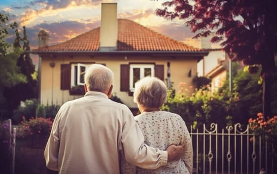 happy elderly couple grandfather and grandmother view from the back holding hands, Generative Ai, People.