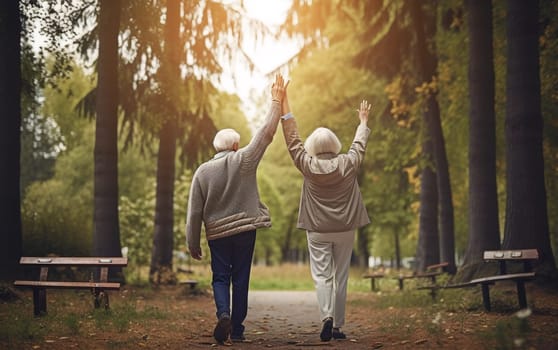 happy elderly couple grandfather and grandmother view from the back holding hands, Generative Ai, People.