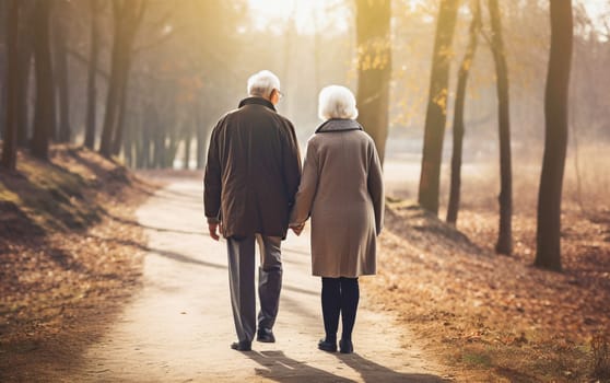 happy elderly couple grandfather and grandmother view from the back holding hands, Generative Ai, People.