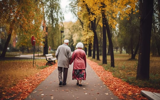 happy elderly couple grandfather and grandmother view from the back holding hands, Generative Ai, People.