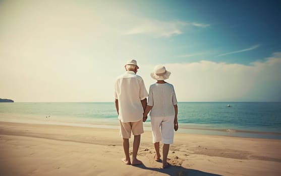 happy elderly couple grandfather and grandmother view from the back holding hands, Generative Ai, People.