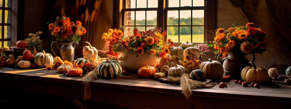 celebration harvest abundance pumpkin flower arrangements on the table in a cozy country room. Generative AI, Food,