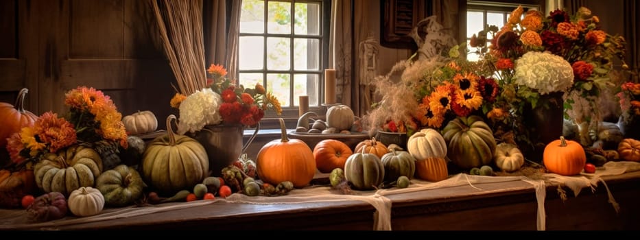 celebration harvest abundance pumpkin flower arrangements on the table in a cozy country room. Generative AI, Food,