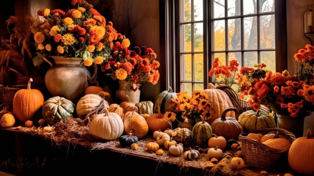 celebration harvest abundance pumpkin flower arrangements on the table in a cozy country room. Generative AI, Food,