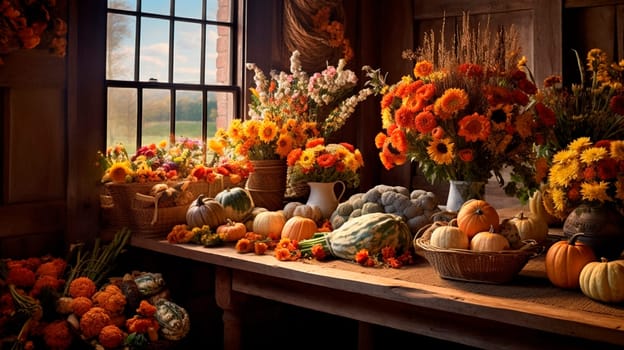 celebration harvest abundance pumpkin flower arrangements on the table in a cozy country room. Generative AI, Food,