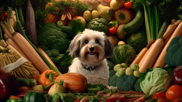 Healthy food concept for dogs, dog sitting under vegetables. Generative AI, Food.