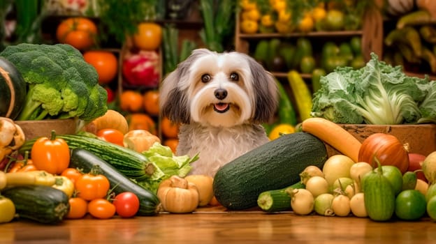 Healthy food concept for dogs, dog sitting under vegetables. Generative AI, Food.