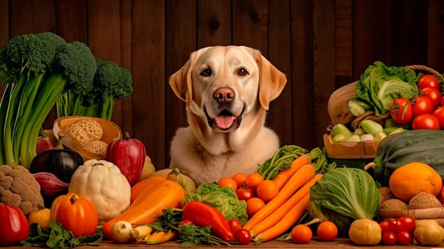 Healthy food concept for dogs, dog sitting under vegetables. Generative AI, Food.