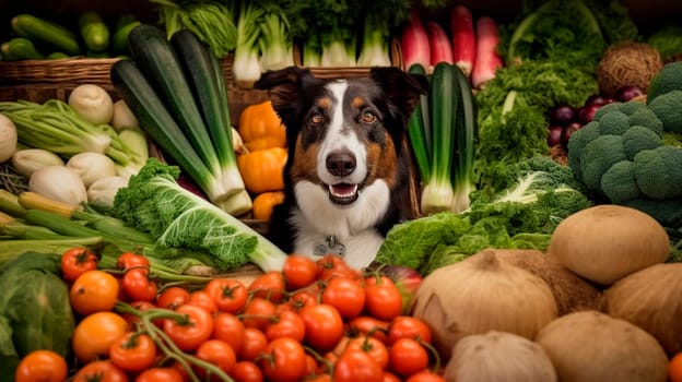 Healthy food concept for dogs, dog sitting under vegetables. Generative AI, Food.