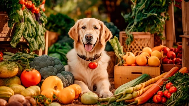 Healthy food concept for dogs, dog sitting under vegetables. Generative AI, Food.